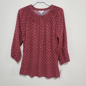 Croft & Barrow Floral Boho Peasant Blouse Red & Pink Smocked Neckline Size XXL